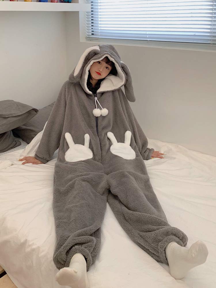 Kawaii Bunny Ears Hooded One Piece Pajamas – Fluffy Fleece Loungewear Jumpsuit for Women